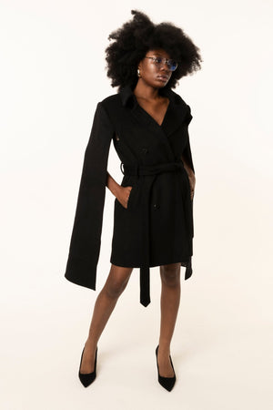 Women Sleeve Wrap Coat – Dramatic Black Trench Style